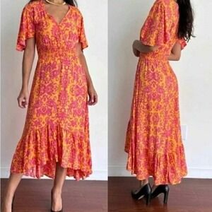 Abel the Label Maya Yellow Pink Paisley Boho Smocked High Low‎ Midi Dress XS NEW